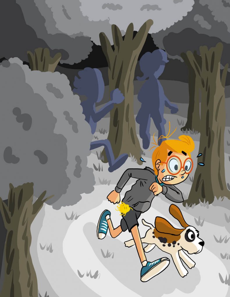 Illustration livre jeunesse - course poursuite dans la forêt