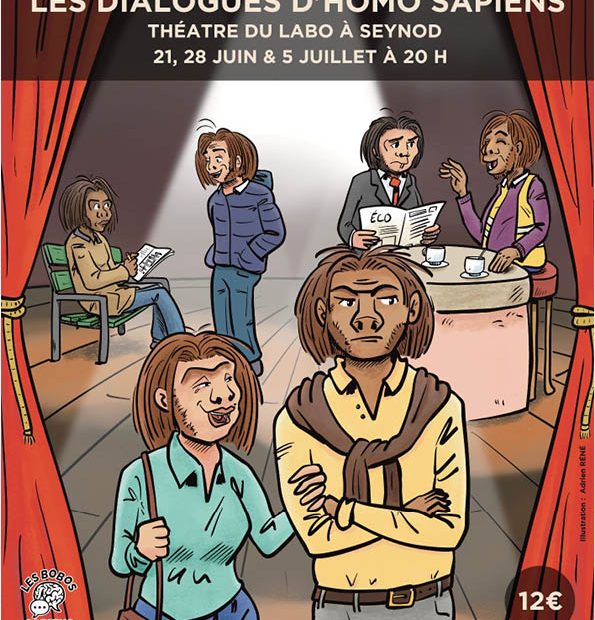 Affiche BD de spectacle de théâtre illustrée avec personnages sur scène