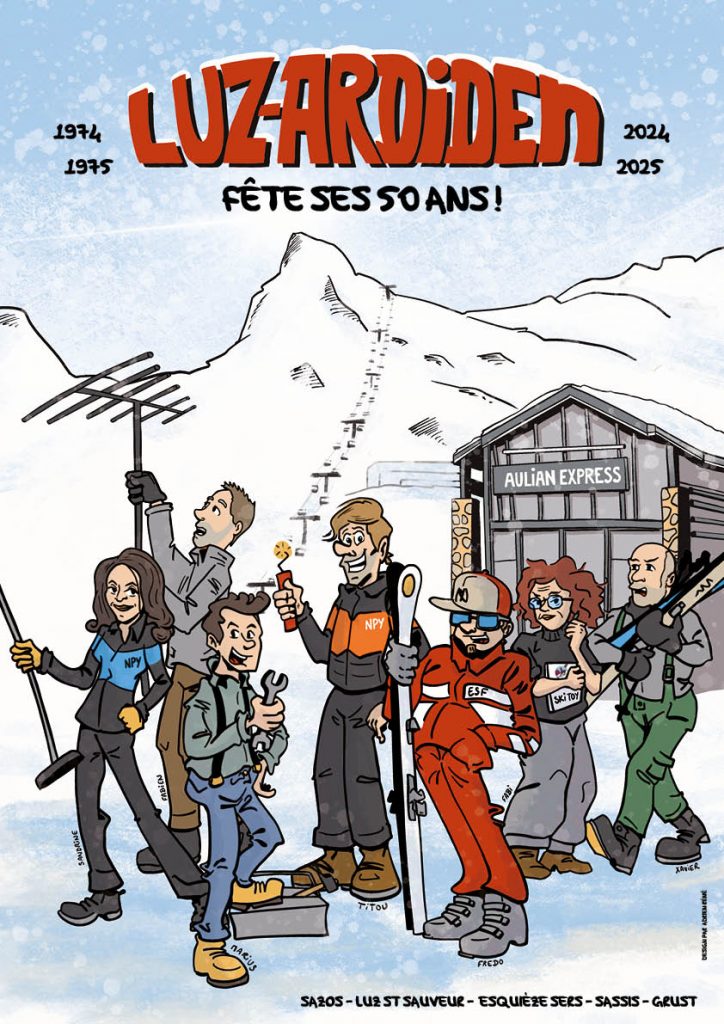 Illustration affiche bande dessinée station de ski