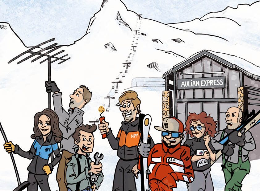 Illustration affiche bande dessinée station de ski