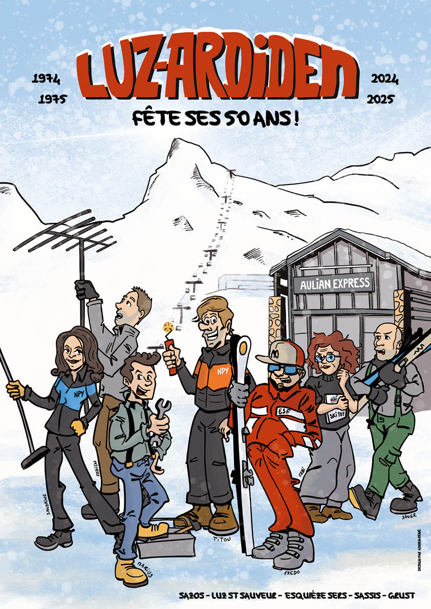 Illustration affiche bande dessinée station de ski