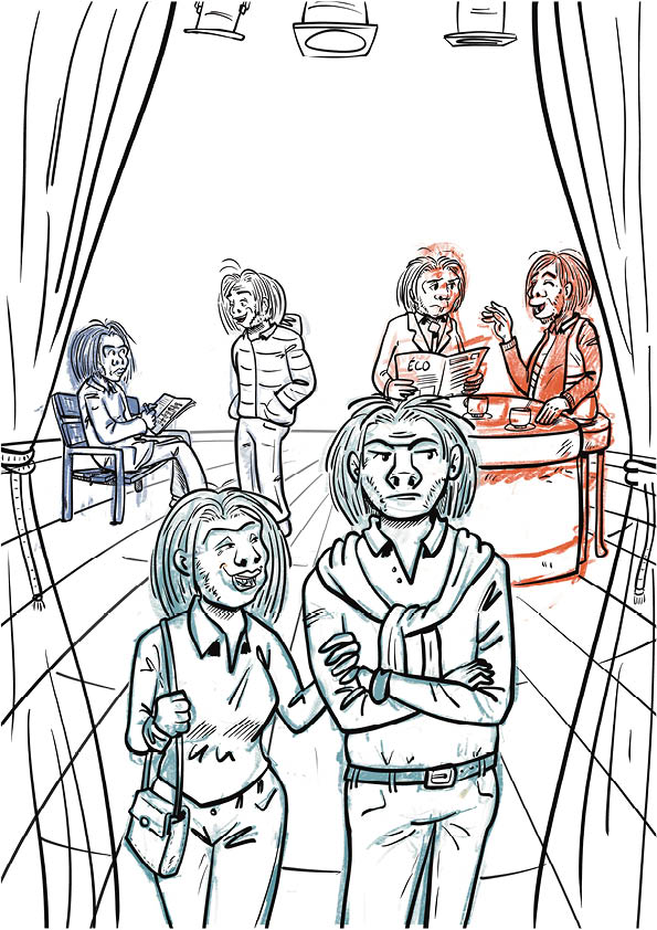 Crayonné Affiche théâtre style BD représentant des Homos Sapiens sur scène