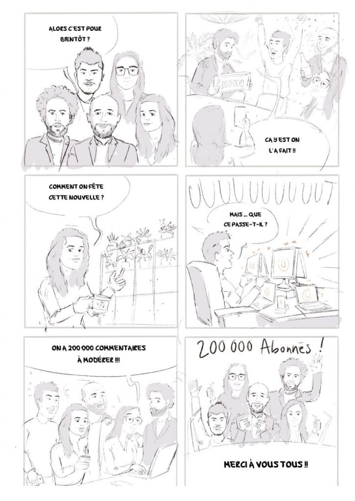 Crayonné d’une BD de communication RH illustrant des collaborateurs - communication externe