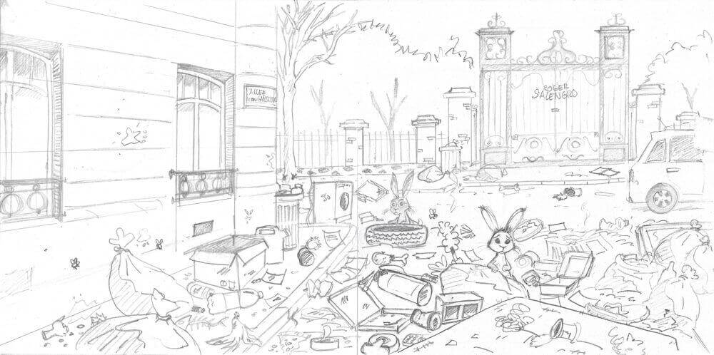 Double page illustrée  traditionnelle noir et blanc - Livre enfant