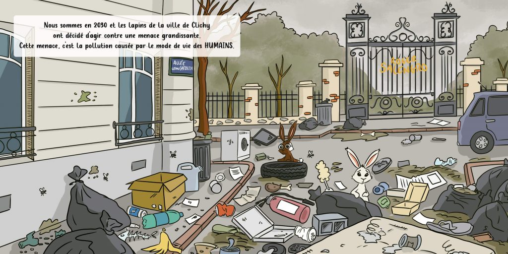 Double page illustrée couleurs - Les lapins et la pollution