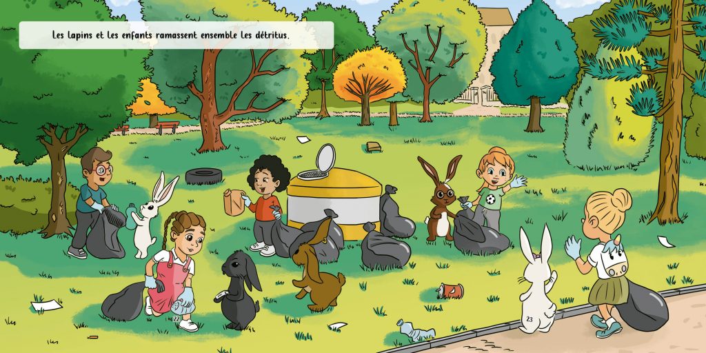 Illustration double page - les enfants nettoient le parc