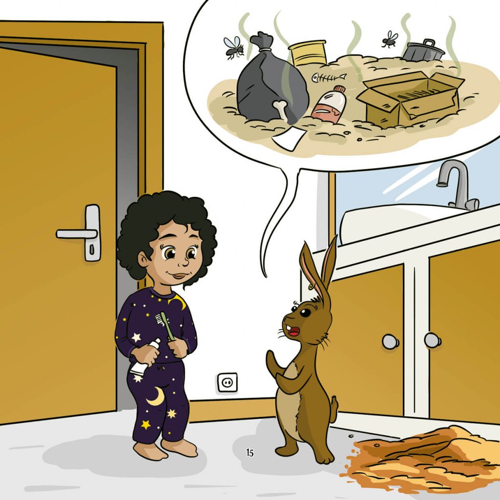 Illustration jeunesse - Enfant et lapin dans la salle de bain