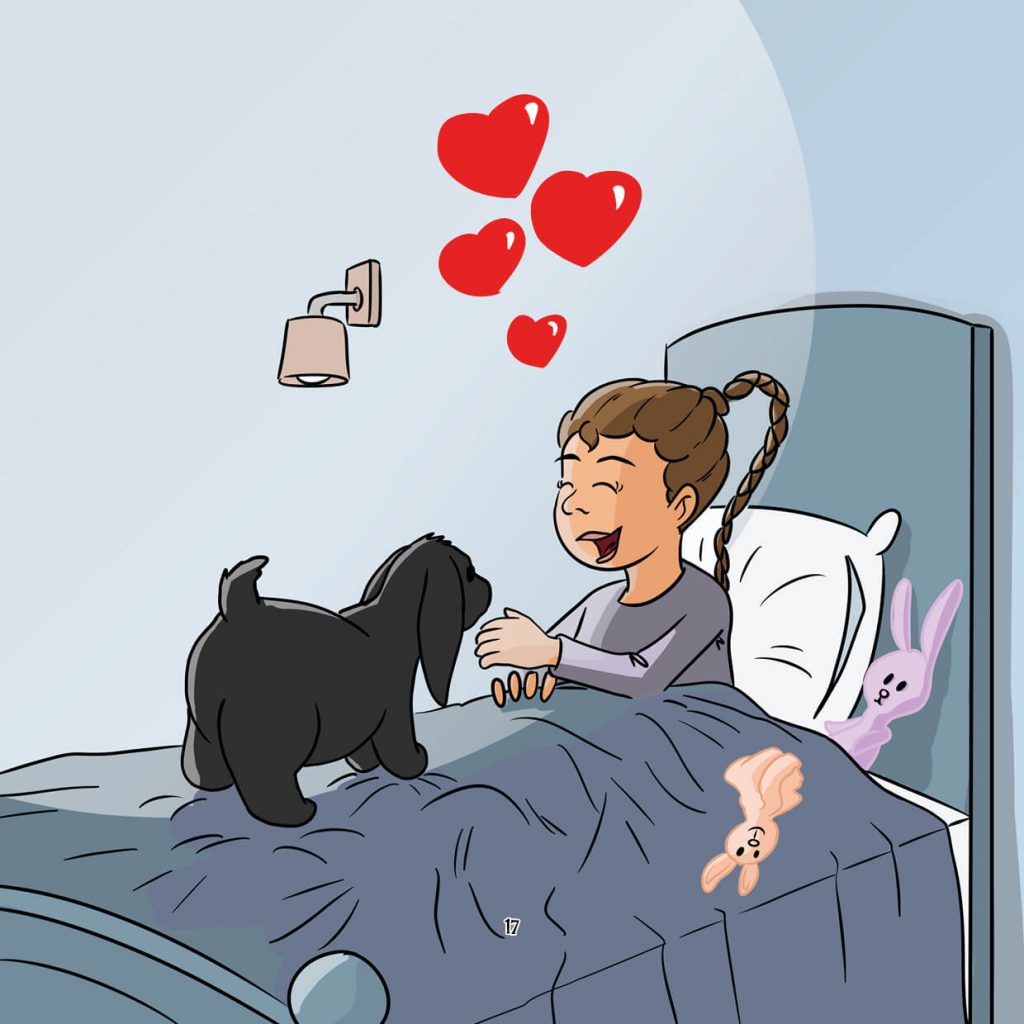 Illustration jeunesse - Enfant et lapin sur le lit