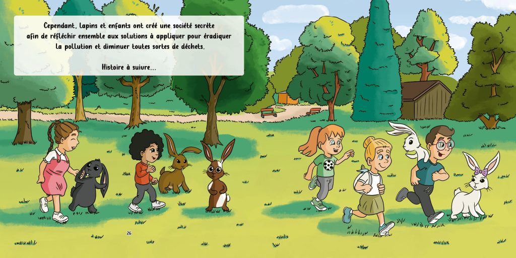 Illustration livre enfant - Les enfants dans le parc avec les lapins