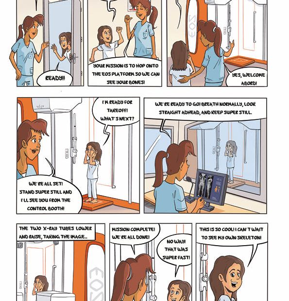 Illustration médicale pédagogique en style BD pour scanner scoliose