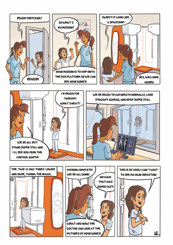 Illustration médicale pédagogique en style BD pour scanner scoliose