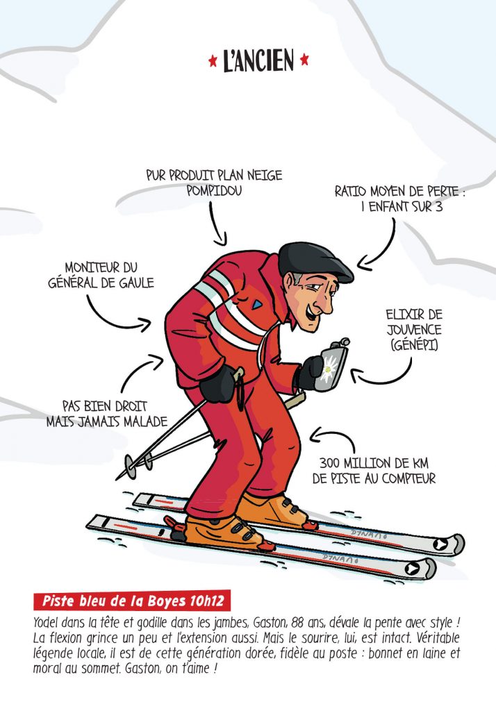 Illustration bande dessinée humour skieur - le vieux moniteur