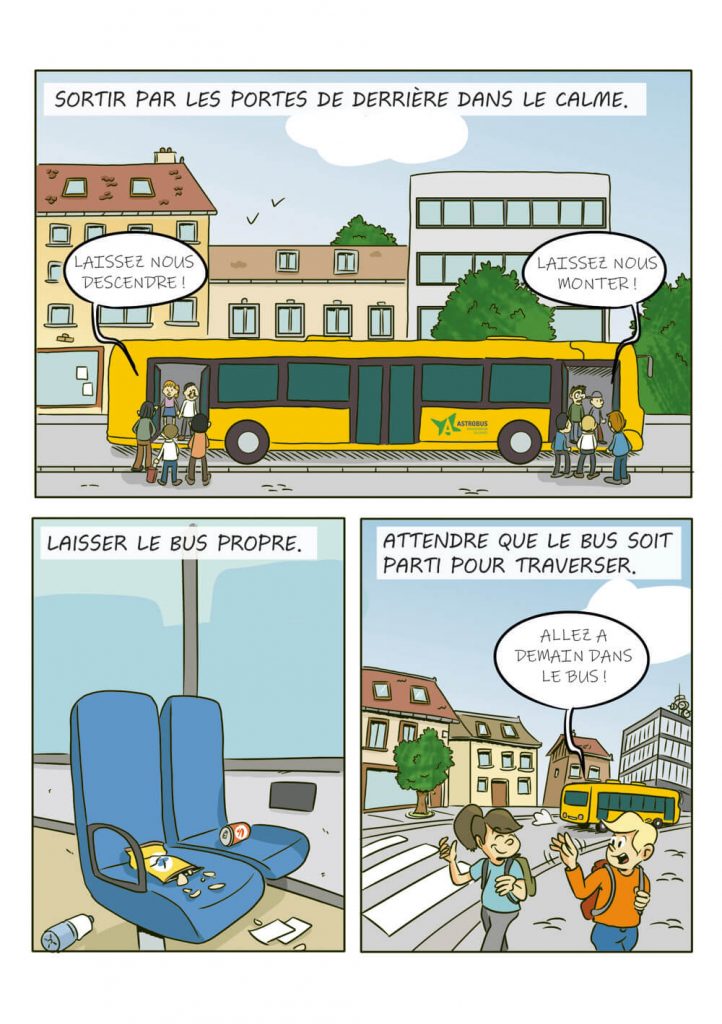 Illustration pédagogique en bande dessinée montrant comment descendre d'un bus