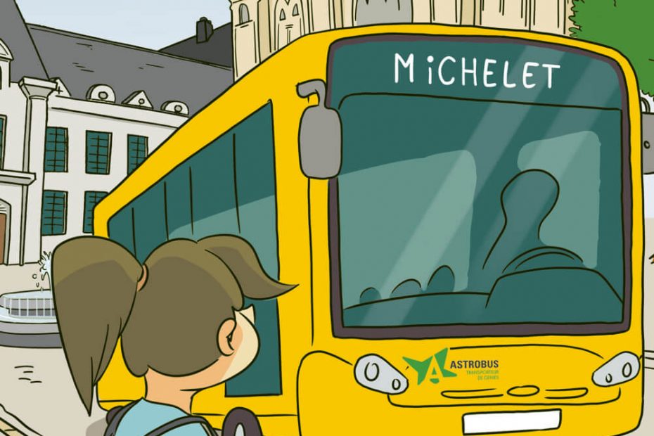 Couverture de flyer bande dessinée illustré sur l’utilisation des transports en commun
