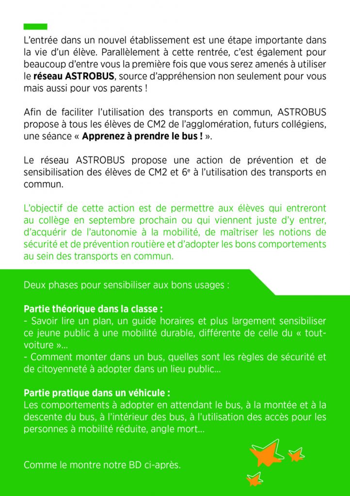 Flyer bande dessinée avec quizz pédagogique pour tester la compréhension des consignes de bus