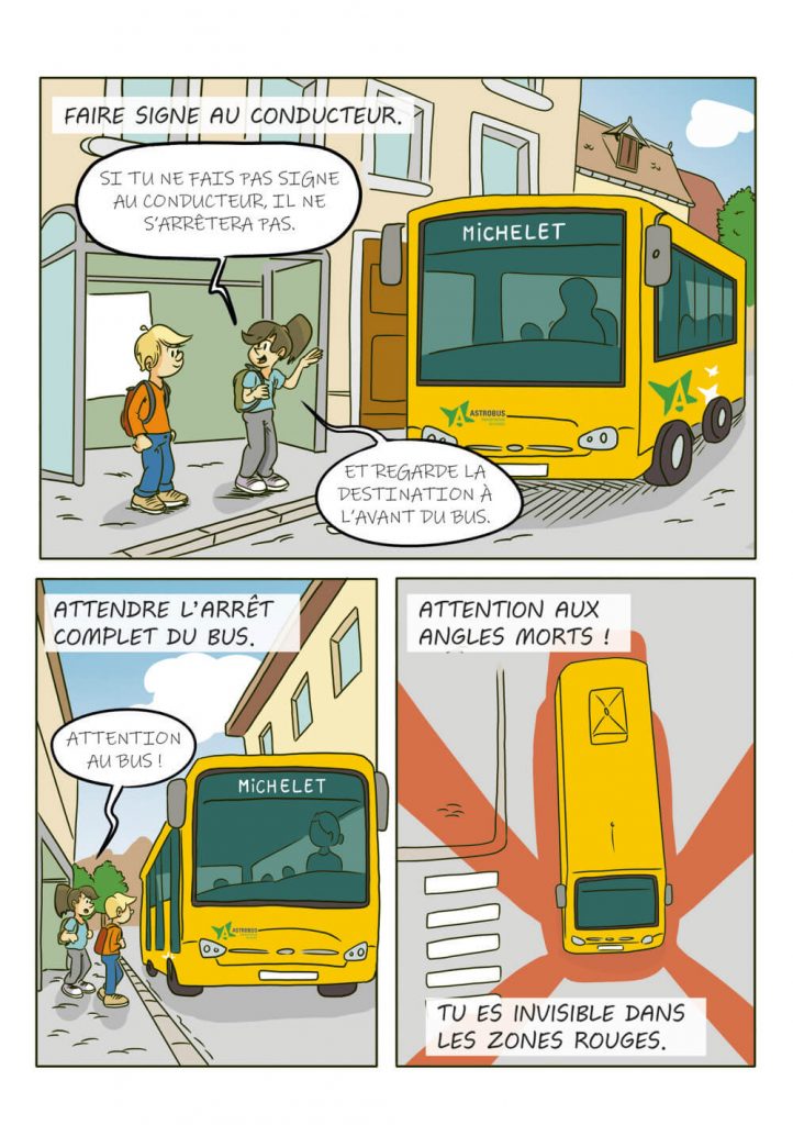 Illustration pédagogique en bande dessinée montrant comment monter dans un bus