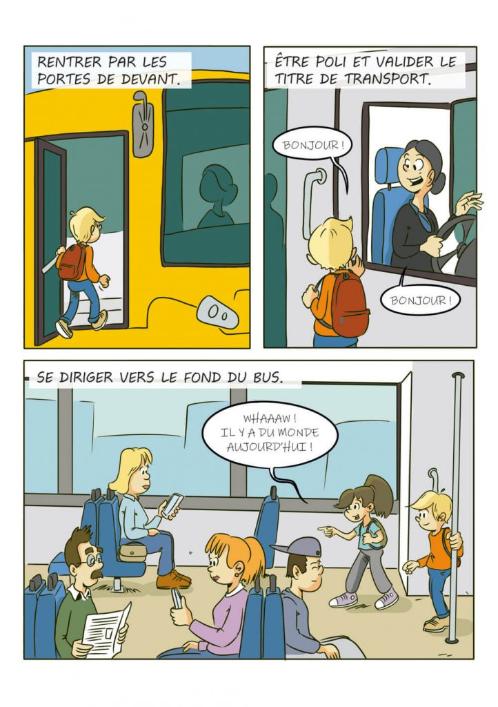 Illustration pédagogique en bande dessinée montrant comment monter dans un bus