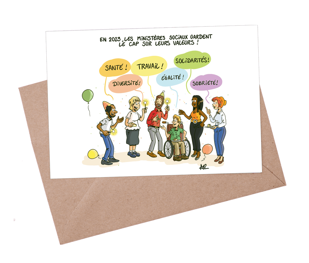 Carte de voeux illustrée pour le ministère des solidarité avec l'enveloppe prête à être envoyée.