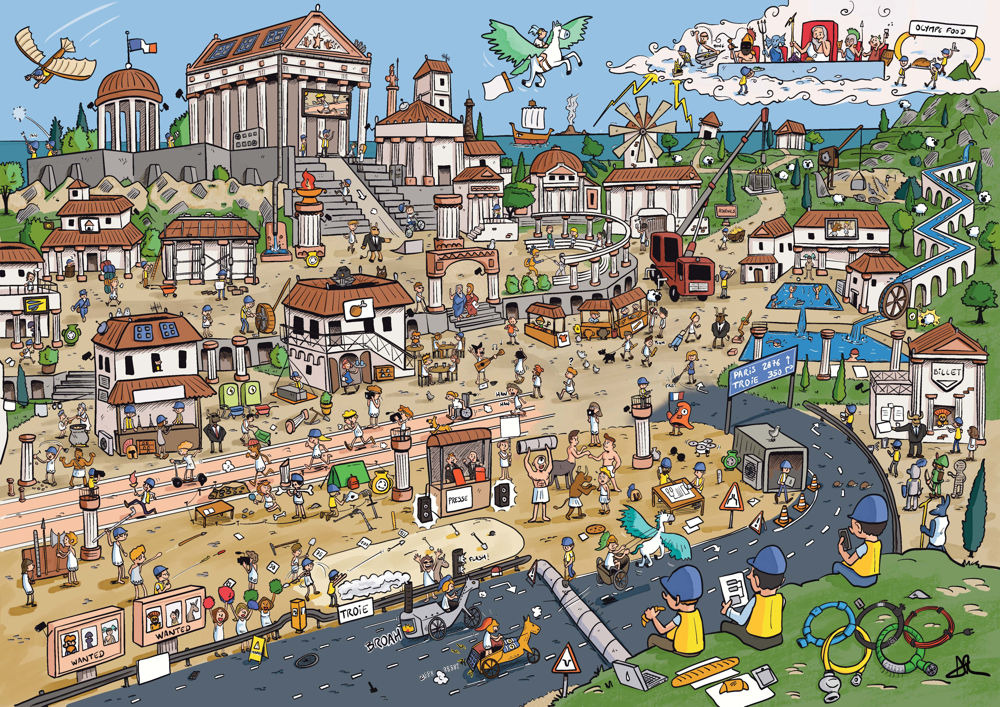 Illustration ludique des Jeux Olympiques avec personnages et détails à observer dans la scène