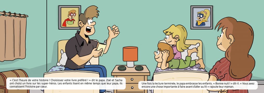 Scène familiale illustrée dans un album pour enfants