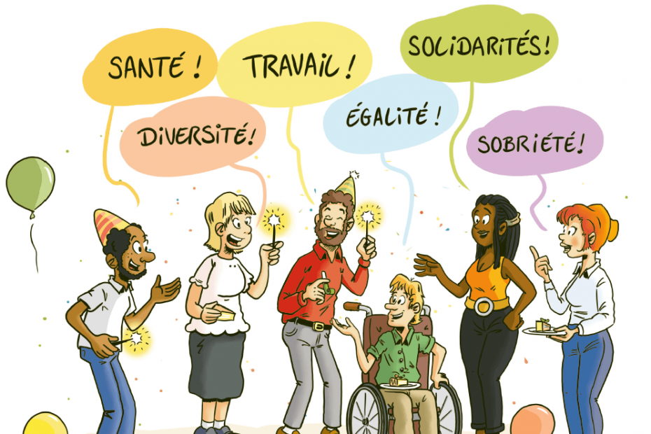 Illustration de la carte de voeux du Ministère des solidarité. Différents personnages dessinés souhaite leurs voeux dans des bulle de BD colorées.