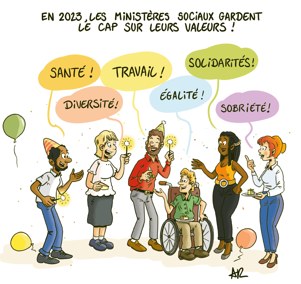 Illustration de la carte de voeux du Ministère des solidarité. Différents personnages dessinés souhaite leurs voeux dans des bulle de BD colorées.