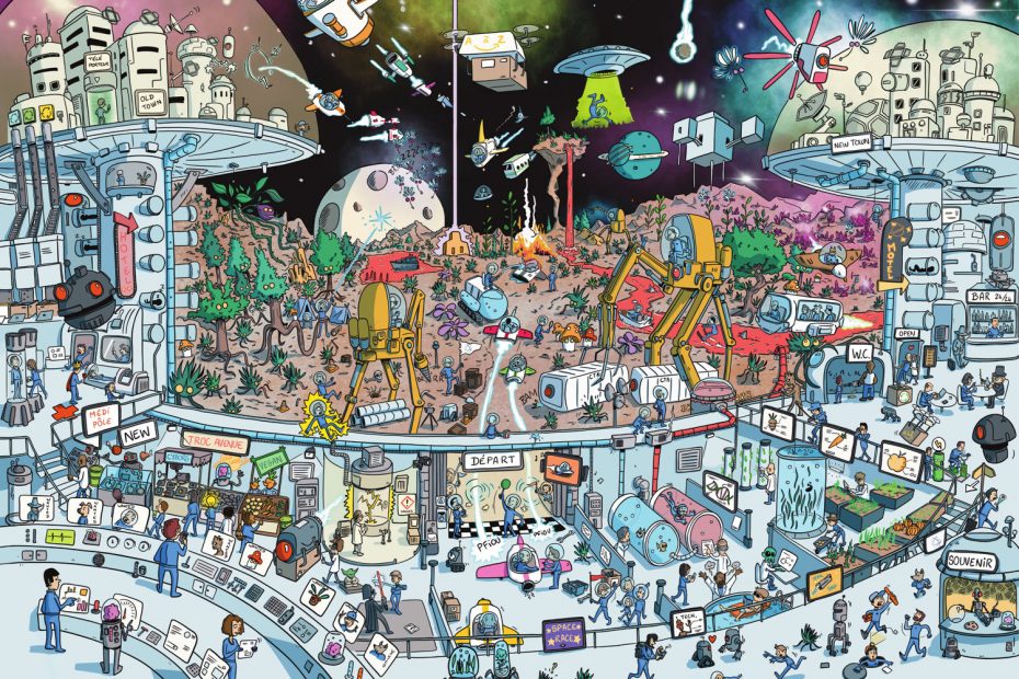 Illustration d’une mission spatiale avec personnages et objets cachés à repérer pour enfants