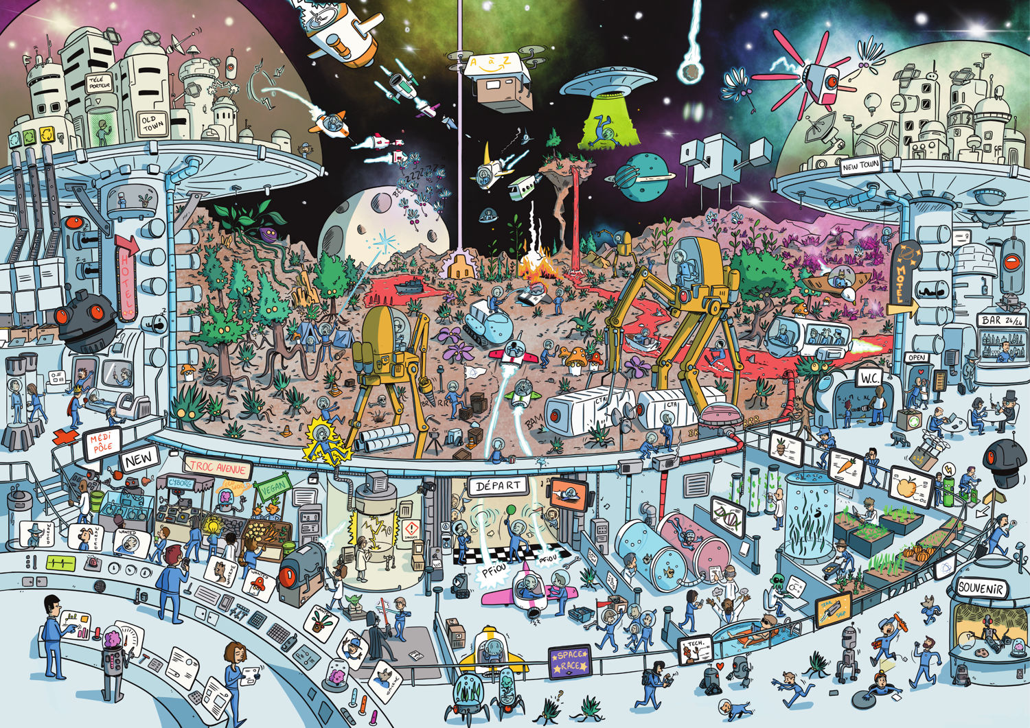 Illustration d’une mission spatiale avec personnages et objets cachés à repérer pour enfants