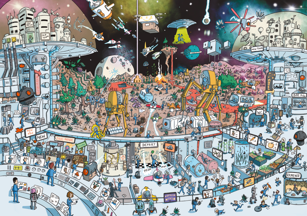 Illustration d’une mission spatiale avec personnages et objets cachés à repérer pour enfants