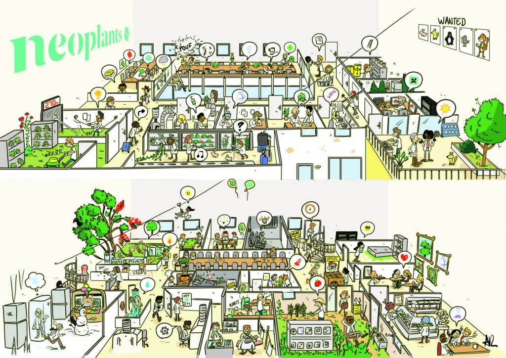 Illustration d’un laboratoire foufou avec expériences et personnages cachés à découvrir