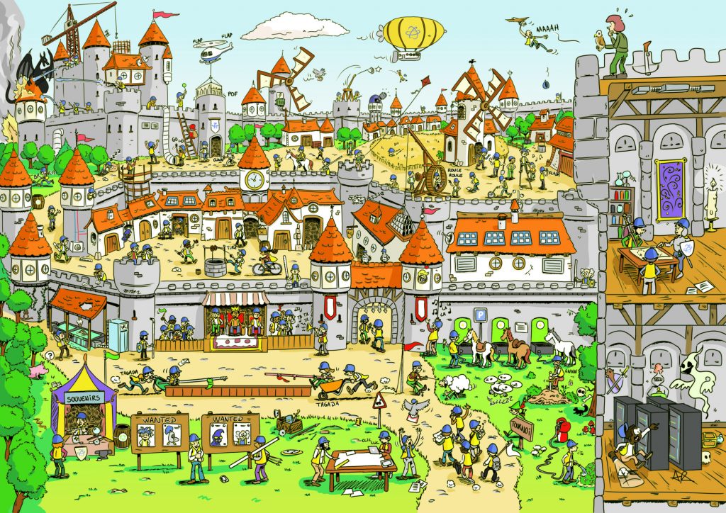 Illustration cherche et trouve d’un château magique rempli de détails à explorer pour enfants