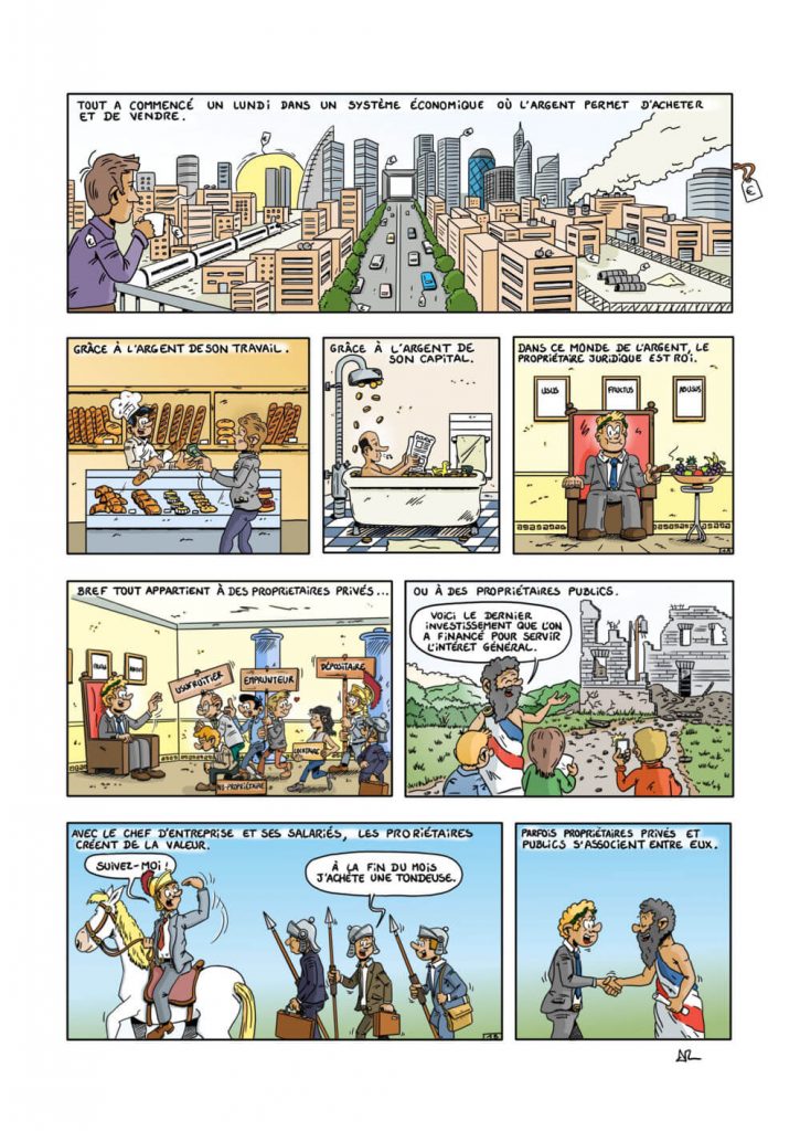 Page de bande dessinée explicative montrant la distinction entre propriétaires publics et privés