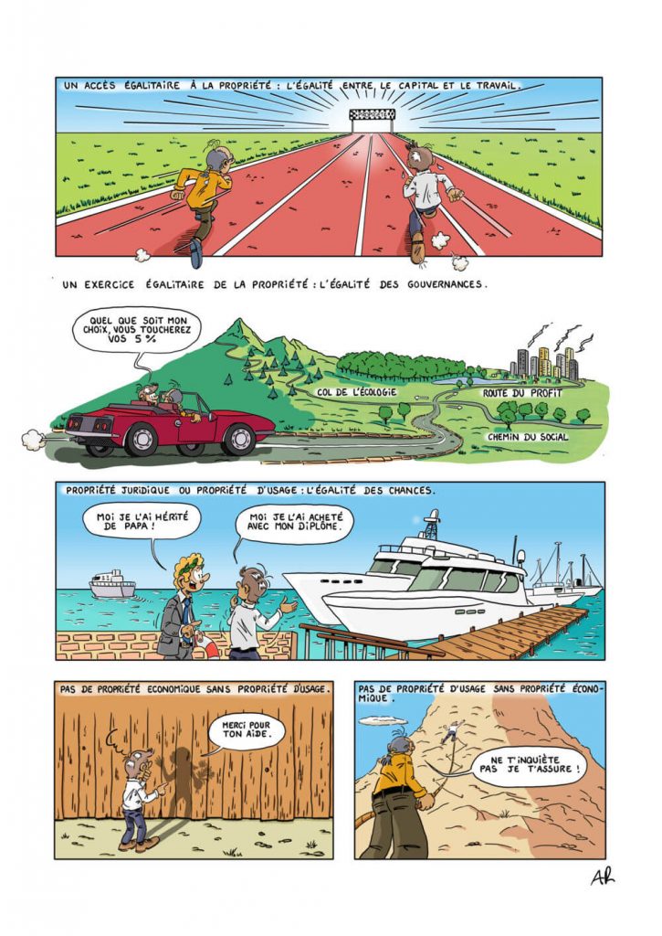 Planche de BD de vulgarisation abordant la gestion des biens dans un cadre de fiducie illustrée