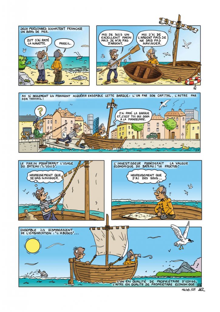 Planche de BD de vulgarisation abordant la gestion des biens dans un cadre de fiducie illustrée : propriété économique et propriété d'usage.