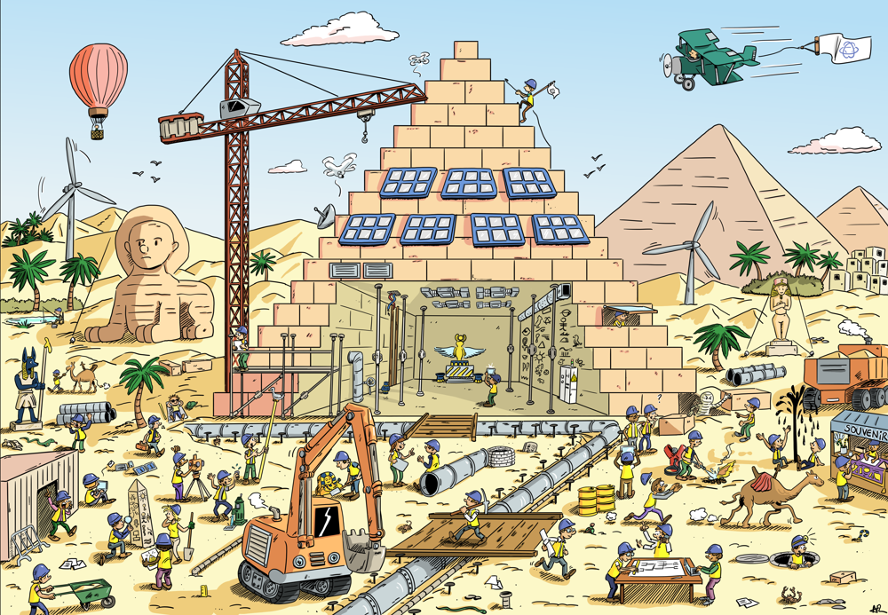 Illustration cherche et trouve d’aventures en Egypte dessin de fouille archéologques