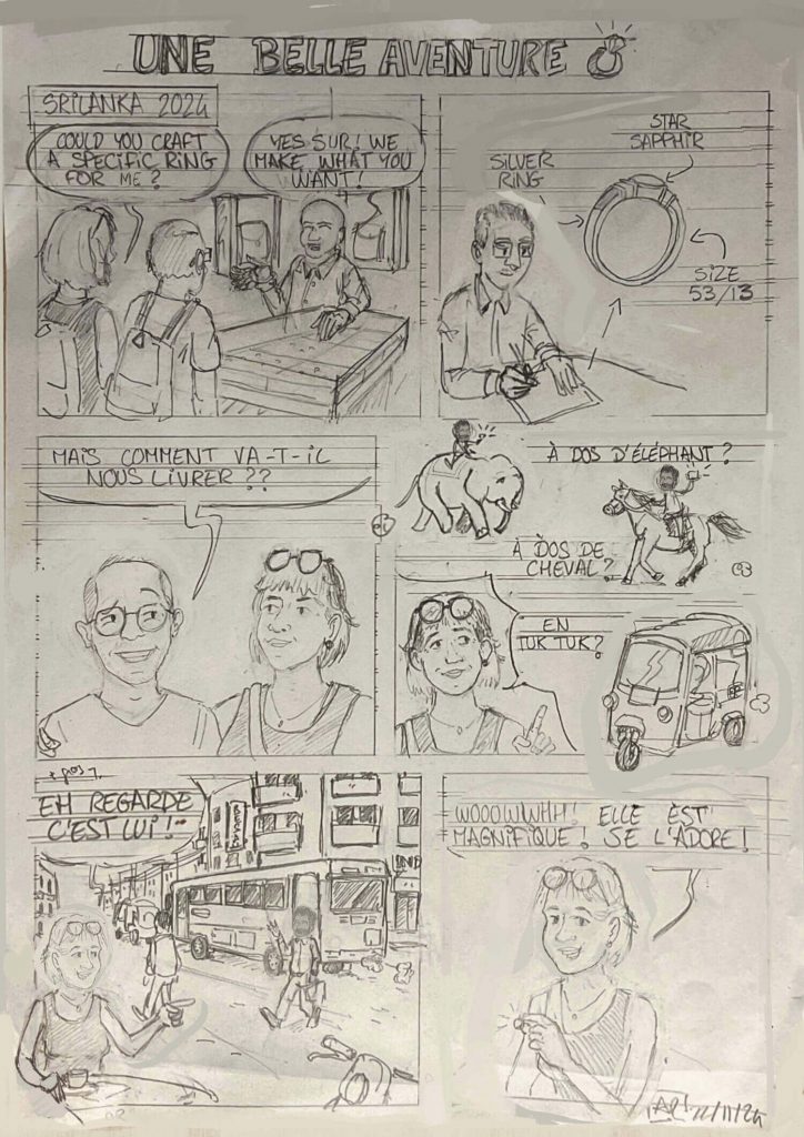 Storyboard d’une bande dessinée histoire de voyage illustrant le parcours de Camille