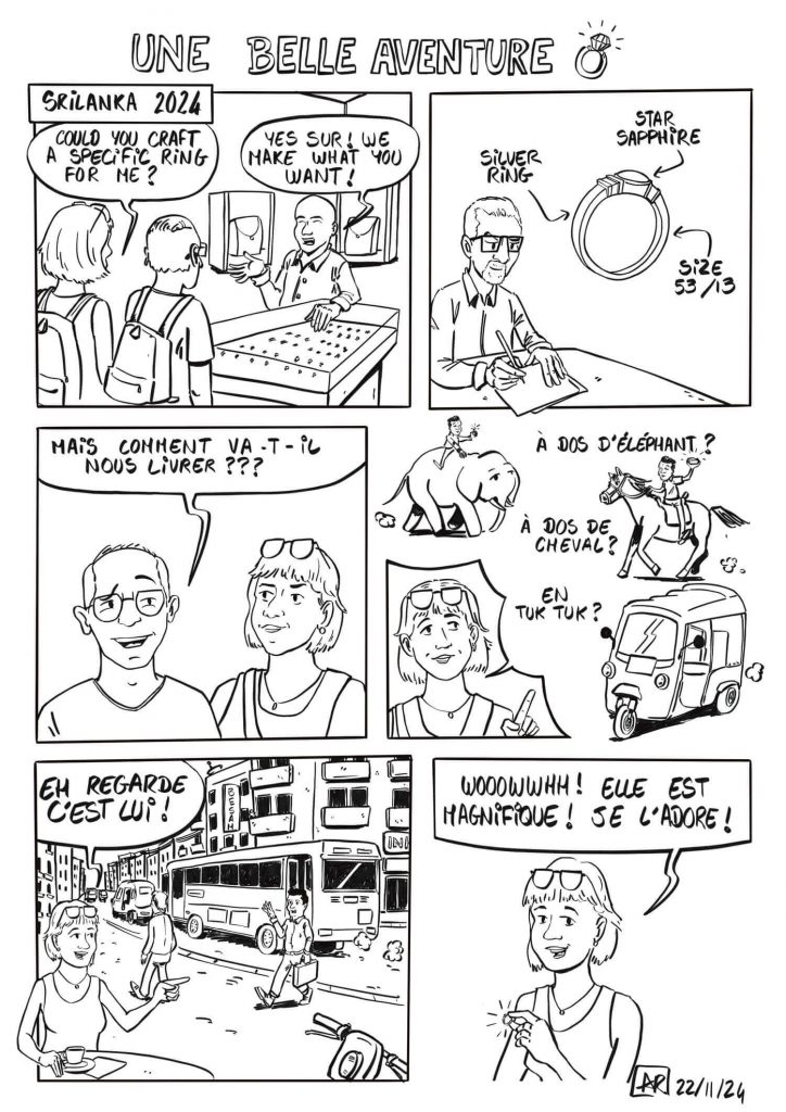 Planche encrée d’une bande dessinée histoire de voyage mettant en scène les étapes du voyage de Camille