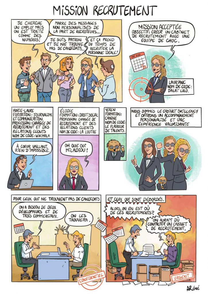 Planche finale d’une BD de communication externe illustrant l’équipe et les missions de l’agence de recrutement
