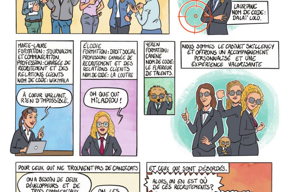 Planche finale d’une BD de communication externe illustrant l’équipe et les missions de l’agence de recrutement