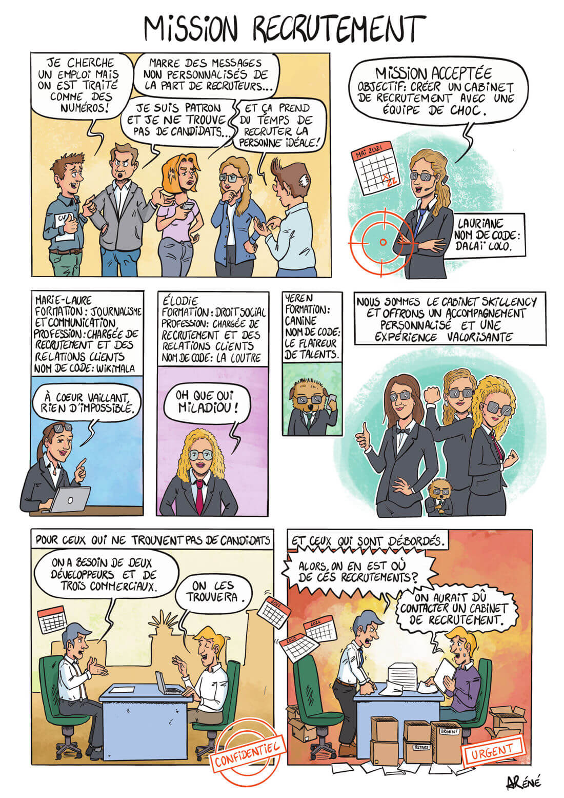 Planche finale d’une BD de communication externe illustrant l’équipe et les missions de l’agence de recrutement