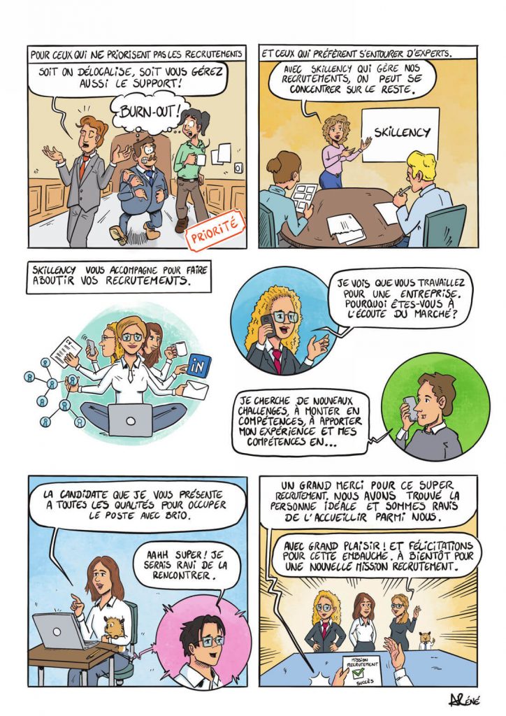 Deuxième planche finale d’une BD de communication externe présentant le fonctionnement et les services de l’agence
