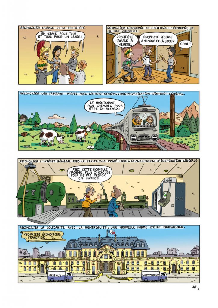 Planche de bande dessinée pédagogique présentant les avantages de la fiducie à l’aide de scènes illustrées