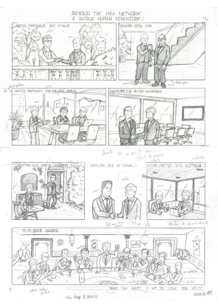 Crayonné de la BD à offrir pour départ à la retraite, idées et plan des scènes