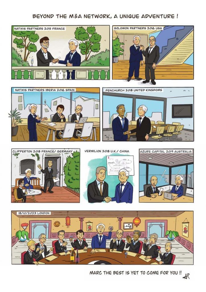 Illustration de la BD départ retraite pour départ à la retraite, encrage et colorisation numériques, prêt à imprimer