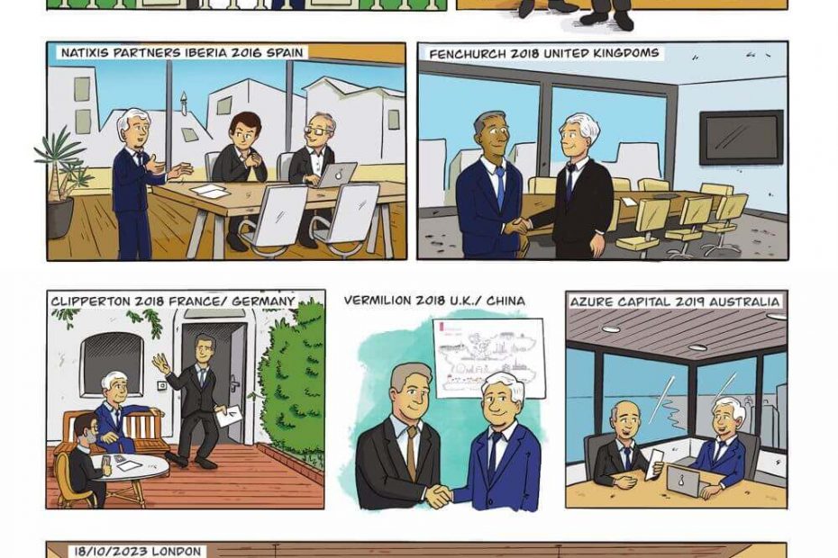 Illustration de la BD personnalisée à offrir pour départ à la retraite, encrage et colorisation numériques, prêt à imprimer
