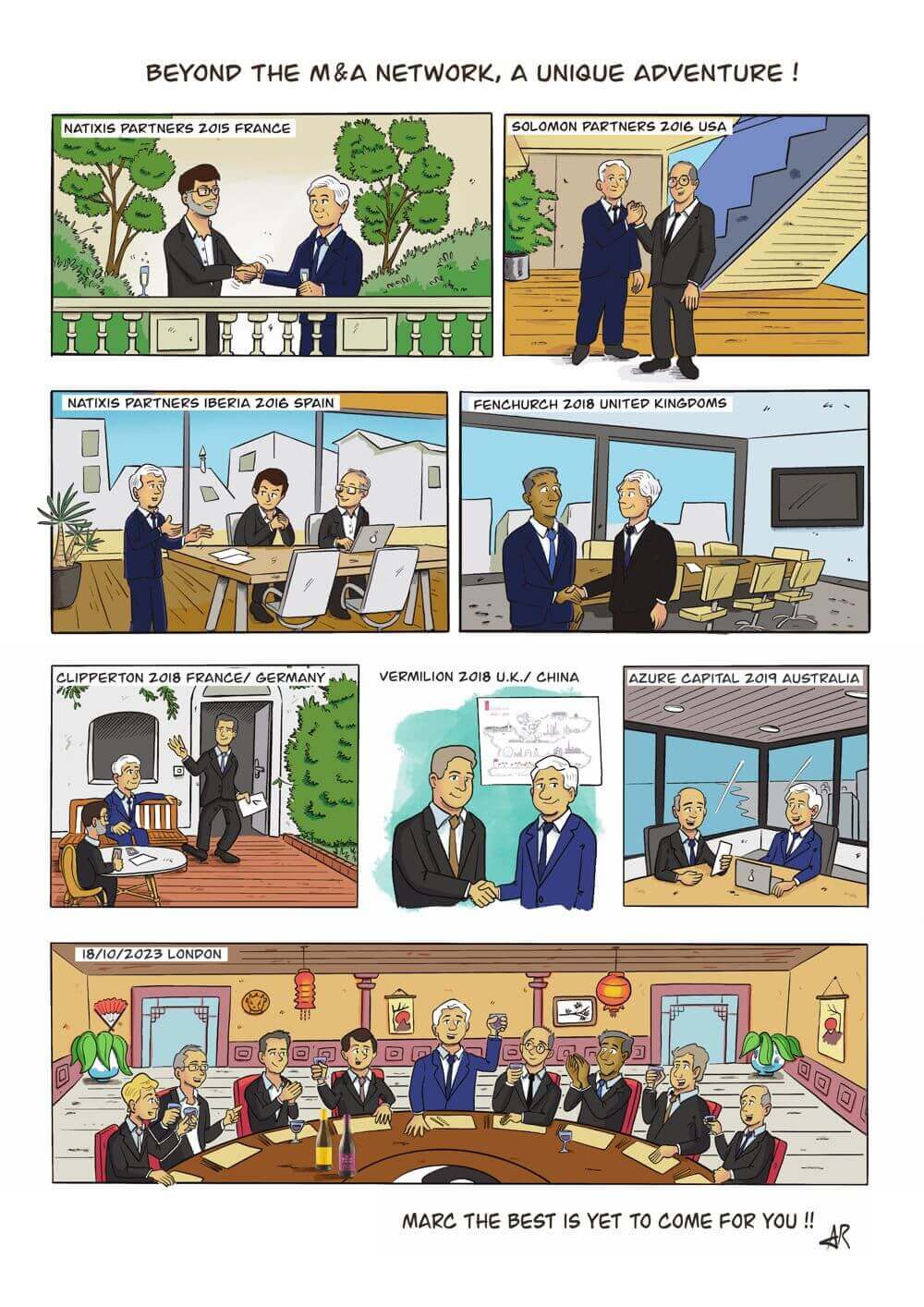 Illustration de la BD personnalisée à offrir pour départ à la retraite, encrage et colorisation numériques, prêt à imprimer