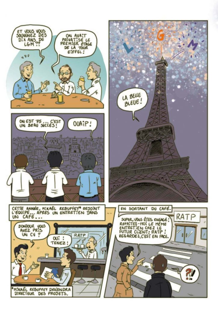 Une page de BD qui raconte le développement de l'entreprise.