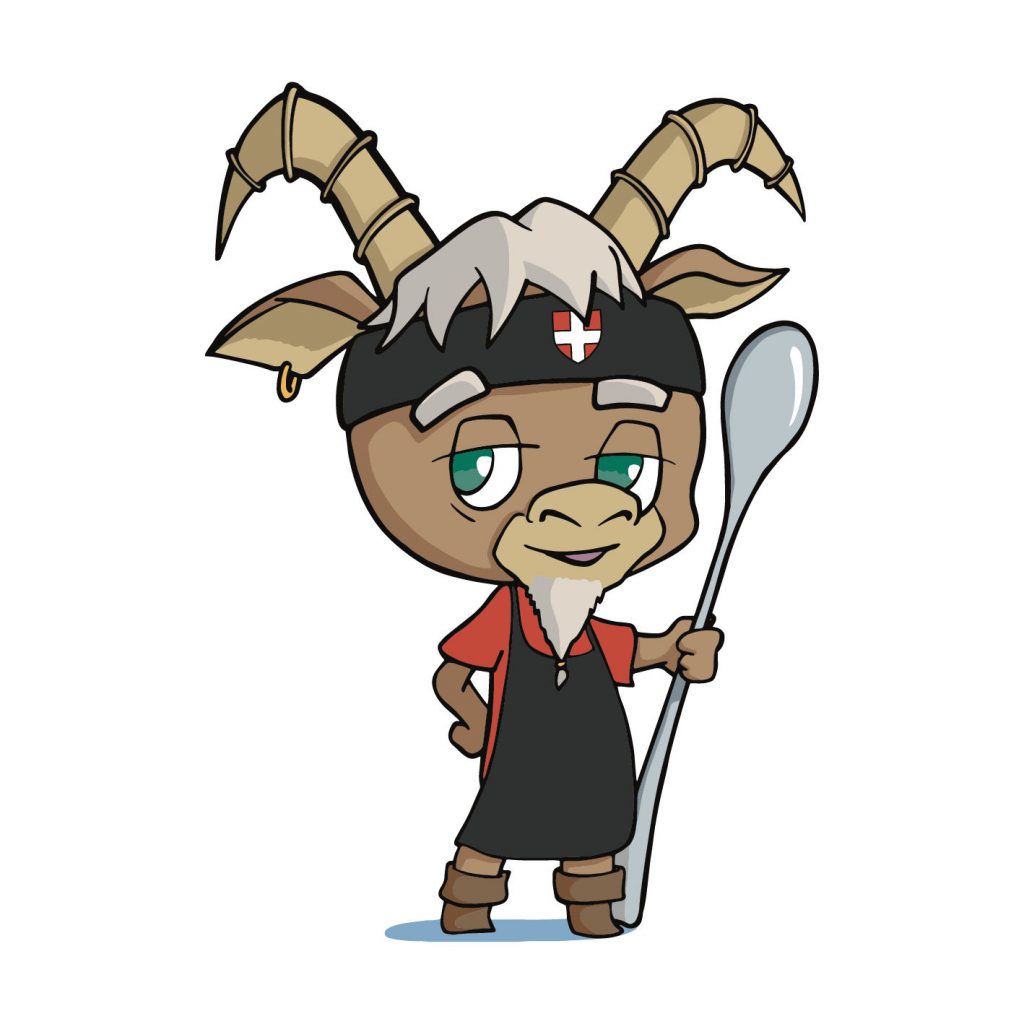 Illustration d'un bouquetin déguisé en chef cuistot pour une mascotte de restaurant