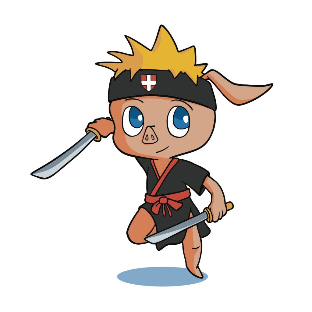 Mascotte de cochon ninja pour un restaurant